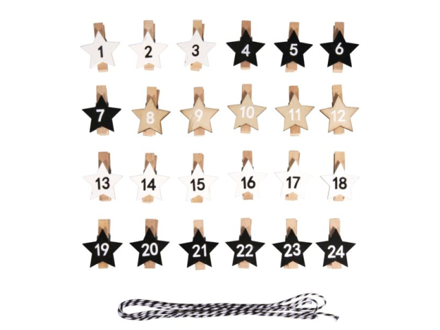 Adventní kolíčky 3,6cm - hvězdičky bílé, černé