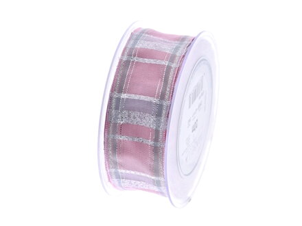 Dekorační károvaná stuha 40mm metalická - růžová