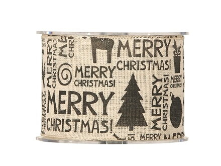 Jutová vánoční stuha 63mm s potiskem - nápisy Merry Christmas