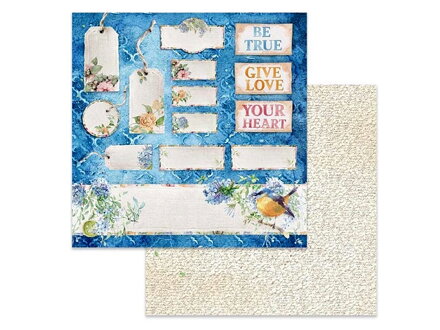 Oboustranný scrapbook papír 30,5cm - květinové štítky, starodávné písmo
