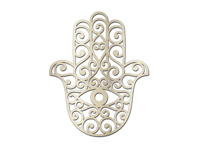 Dýhový dřevěný výřez, nápis 15cm - Hamsa - Fatimina ruka