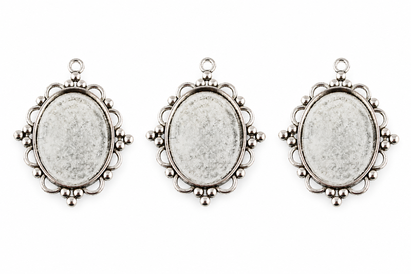 Kovová lůžka na pryskyřici a cabochon 40×30mm - stříbrné 3ks