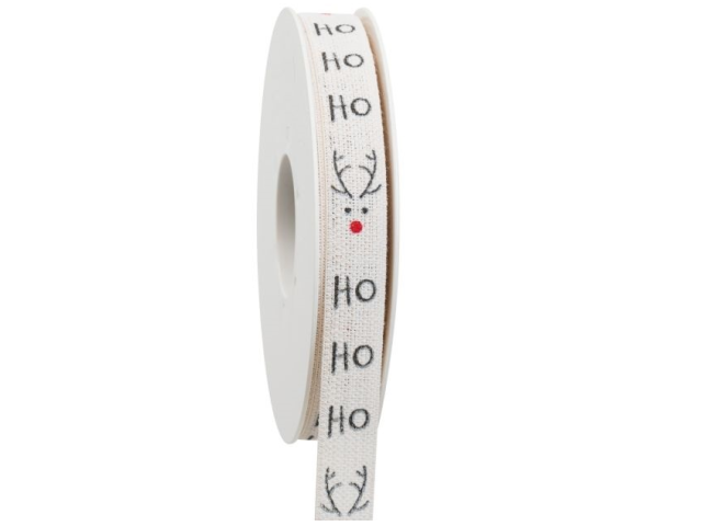 Lněná vánoční stuha 15mm bílá - Ho Ho Ho