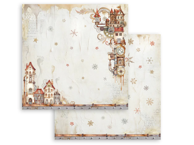 Oboustranný scrapbookový papír 30x30cm - sněhové vločky a domečky