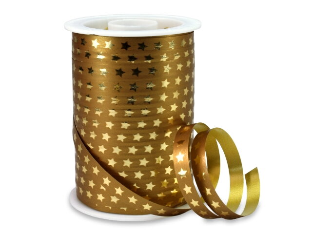 Spirálovací stužka CHRISTMAS STAR 10mm - měděná s hvězdičkami