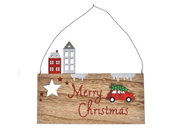 Závěsná dřevěná destička Merry Christmas s domečky