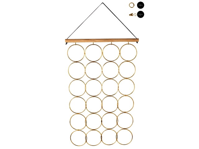Závěsný adventní kalendář/věšák 63cm - zlaté kruhy se kolíčky