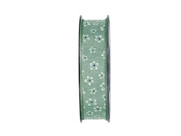 Bavlněná stuha 25mm s plastickými kvítky - vintage zelená