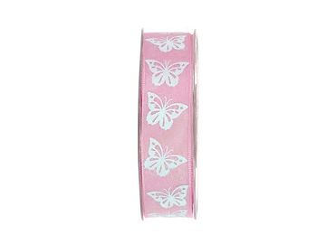 Bavlněná stuha 25mm s plastickými motýly - pastelově růžová