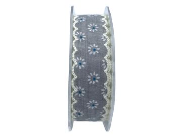 Dekorační bavlněná stuha 25mm šedá obšitá s kvítky