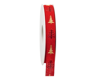 Dekorační lněná stuha 15mm vánoční - červená se stromky