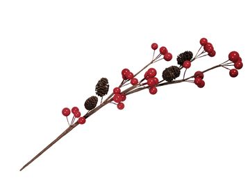 Dekorační větvička 35cm - červené bobule a šišky