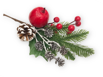 Dekorační vánoční větvička 25cm - červená kombinace - šišky, jablko