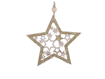 Dekorační závěsná dřevěná hvězda 9,5cm - třpytivá zlatá