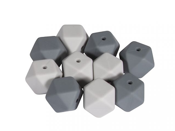 Dětské silikonové korálky 14mm 10ks - šedé hexagony