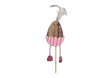 Dřevěná ozdoba na špejli 25cm s pírky - růžové kuřátko