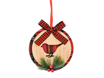 Dřevěná vánoční ozdoba potažená textilem 12,5cm - ptáček