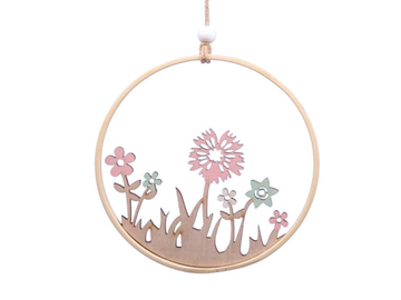 Dřevěná závěsná dekorace kruh 15,5cm s květinami - louka