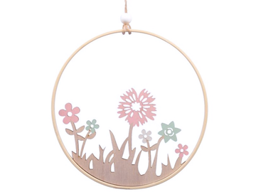 Dřevěná závěsná dekorace kruh 20cm s květinami - louka
