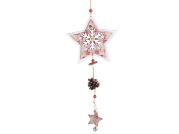 Dřevěná závěsná vánoční ozdoba 40cm - hvězda s šiškou a rolničkou