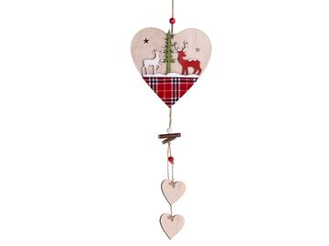 Dřevěná závěsná vánoční ozdoba 40cm - srdce s ozdobami