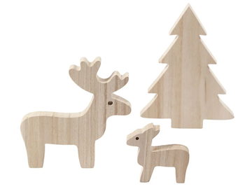 Dřevěné jednoduché ozdoby 3ks - jeleny, strom