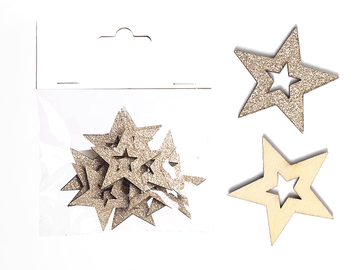 Dřevěné mini ozdoby 12ks - třpytivé zlaté hvězdy
