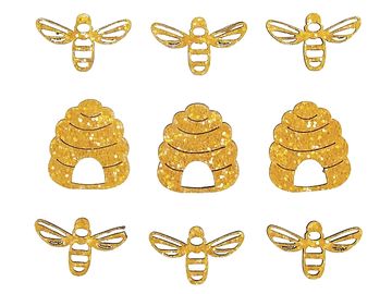 Dřevěné nalepovací ozdoby 3cm 9ks - včely a úly