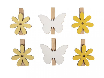 Dřevěné kolíčky 6ks přírodní - květiny a motýly