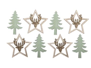 Dřevěné vánoční ozdoby 12ks - hvězdy s jelenem a stromy
