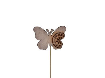 Dřevěné zapichovací motýl na špejli 21cm - přírodní s razítkem