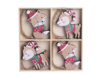 Dřevěné závěsné vánoční ozdoby v krabičce 8ks - lišky a srnky