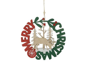 Dřevěný vánoční věnec s jelenem 20cm - Merry Christmas - tradiční barvy