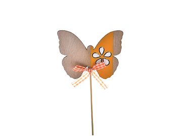 Dřevěný zapichovací motýl na špejli 21cm - oranžový se stužkou