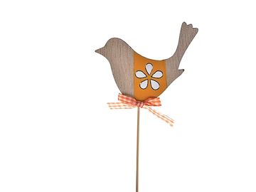 Dřevěný zapichovací ptáček na špejli 21cm - oranžový se stužkou