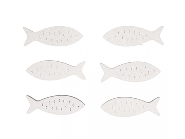 Barvené dřevěné výřezy 6ks - třpytivé bílé rybky