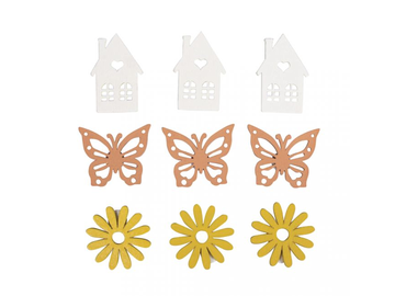 Barvené nalepovací dřevěné ozdoby 9ks - domečky, květiny, motýly