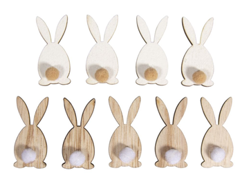 Barvené nalepovací dřevěné ozdoby 9ks - zajíčky s ocásky