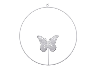 Kovový závěsný kruh s motýlem 30cm - bílý
