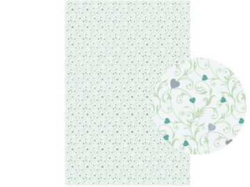 Kreativní papír bílý A4 s metalickým potiskem - srdíčka a ornamenty - pastelově zelené