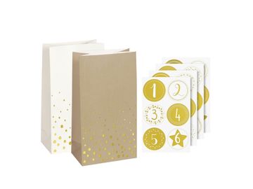 Papírové adventní sáčky s nálepkami 18cm - bílé zlaté a přírodní