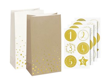Papírové adventní sáčky s nálepkami 24cm - bílé zlaté a přírodní