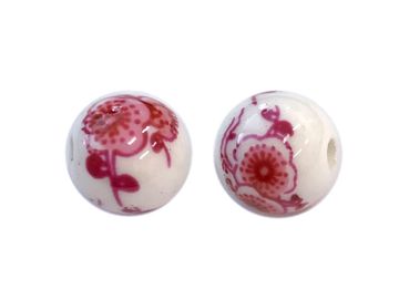 Porcelánový korálek bílý 10mm - tmavě růžové kvítky