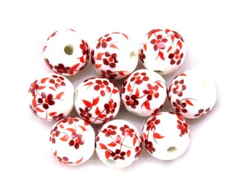 Porcelánové korálky bílé 10ks 8mm - červené kvítky