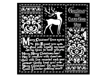 Šablona 18x18cm - vánoční text, ornamenty, jelen