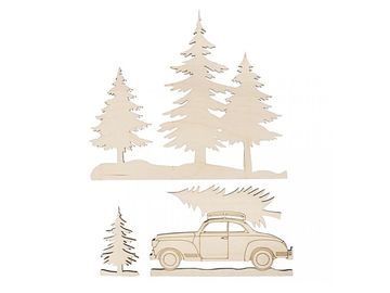 Sada dřevěných výřezů - auto a stromy