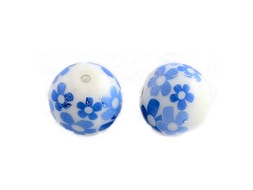 Porcelánové korálky bílé 10mm 5ks - modré kvítky 02