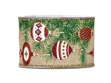 Tkaná vánoční stuha 63mm s potiskem přírodní - vánoční koule
