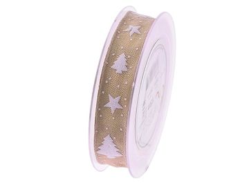 Vánoční dekorační stuha 25mm stromky a hvězdičky - béžová