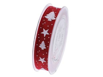 Vánoční dekorační stuha 25mm stromky a hvězdičky - červená